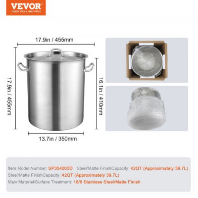 VEVOR Olla para Sopa 39,7 L Olla con Tapa y Asa Diámetro de 35 cm Alto de 41 cm Olla Grande de Acero Inoxidable 18/8 con Asa y Colador, Llama Abierta e Inducción para Eventos Comerciales, Restaurantes