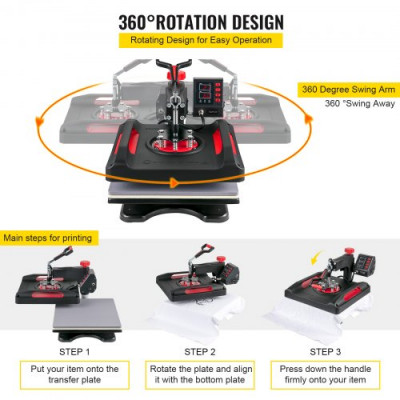 Prensa de Calor 5 en 1 Placa 38 x 38 cm Máquina de Prensa Térmica Roja 1000 W Giratoria de 360 Grados Pantalla Digital Máquina de Sublimación