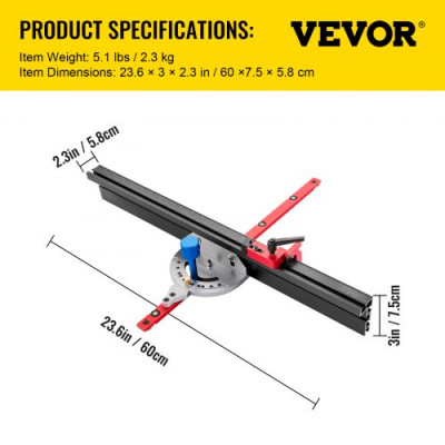 Sierra de Mesa Calibre de Ingletes 610 mm Regla de Precisión Inglete de Aleación de Aluminio de Marcado Láser 60° Ajustable Herramienta de Carpintería para Mesas de Enrutador y Ensambladoras