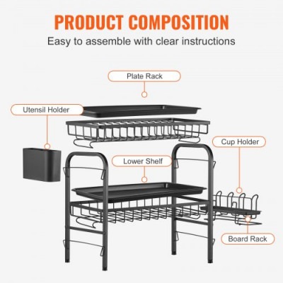 Escurreplatos sobre Fregadero de 2 Niveles Escurridor de Platos de Acero al Carbono y PP Estante de Secado de Platos 54,5 x 25 x 39,6 cm con 2 Bandejas para Tazas Cubiertos Utensilios de Cocina