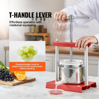 VEVOR Prensa de Vino de Fruta 2 Barriles de Acero Inoxidable 6 L Exprimidor Manual, Prensa para Hacer Zumo, Aceite de Oliva, Miel, Verduras y Tintura de Uva, Mango en T para Exteriores, Cocina, Hogar