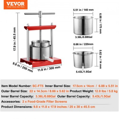 VEVOR Prensa de Vino de Fruta 2 Barriles de Acero Inoxidable 6 L Exprimidor Manual, Prensa para Hacer Zumo, Aceite de Oliva, Miel, Verduras y Tintura de Uva, Mango en T para Exteriores, Cocina, Hogar