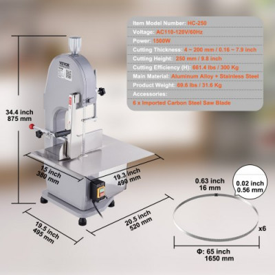 VEVOR Sierra Eléctrica Comercial para Huesos de Carnicero Sierra de Cinta para Huesos 1500 W 300 kg/h Sierra Eléctrica para Carne y Huesos Congelados Mesa 490x380 mm Espesor 4-200 mm para Restaurante