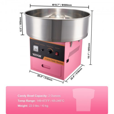 Máquina Eléctrica de Algodón de Azúcar 1000 W Máquina Comercial de Algodón de Azúcar 6 Piezas/min Tazón de Acero Inoxidable 65-245 °C para Hacer Dulces Fiestas de Cumpleaños Infantiles, Rosa