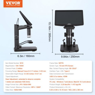 VEVOR Microscopio Digital USB HDMI Ampliación 10X-1300X con Pantalla de 10,1 Pulgadas 8 Funciones LED de Foto y Vídeo Compatible con Windows 7/8.1/10 MacOS 10.5 Conectado a Monitor de Laboratorio