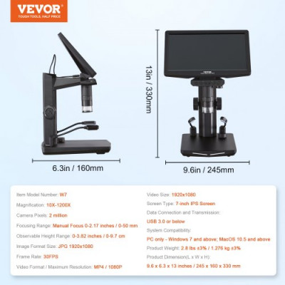 VEVOR Microscopio Digital USB HDMI Ampliación 10X-1200X con Pantalla de 7