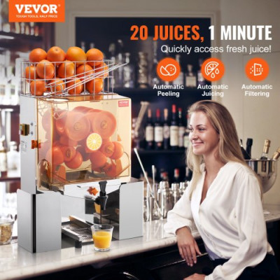 VEVOR Exprimidor de Cítricos Eléctrico Comercial Extractor de Zumo 120W Alimentación Automática con Filtro Cubo de Recolección de Pelado y Grifo para Naranja, Pomelo, Restaurante, Cafetería, Frutería