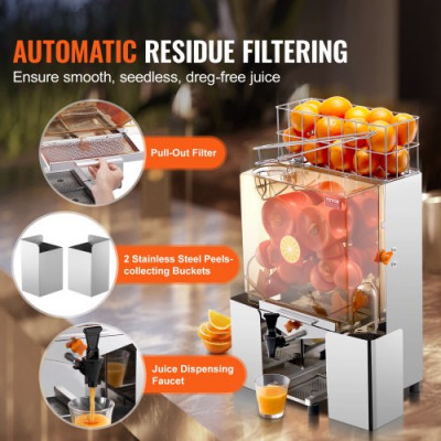 VEVOR Exprimidor de Cítricos Eléctrico Comercial Extractor de Zumo 120W Alimentación Automática con Filtro Cubo de Recolección de Pelado y Grifo para Naranja, Pomelo, Restaurante, Cafetería, Frutería