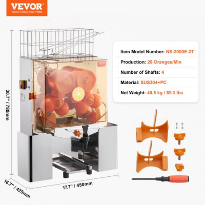 VEVOR Exprimidor de Cítricos Eléctrico Comercial Extractor de Zumo 120W Alimentación Automática con Filtro Cubo de Recolección de Pelado y Grifo para Naranja, Pomelo, Restaurante, Cafetería, Frutería