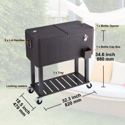 VEVOR Carro Enfriador Rodante para Exteriores de 7,5 L Carro Portátil para Bebidas y Hielo con Ruedas Aislamiento de Larga Duración 820x470x880 mm para Terraza Jardín Patio Fiesta Bar Bebida, Negro