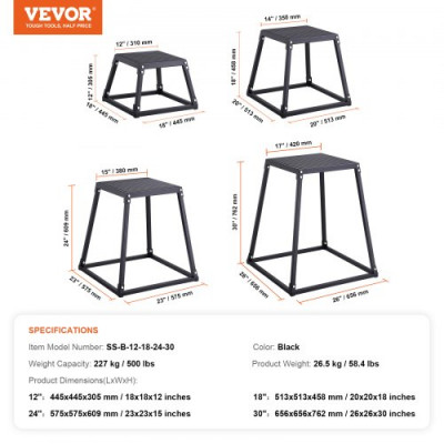 VEVOR Caja Pliométrica Plataforma Pliométrica 4PCs 305/458/609/762 mm Salto