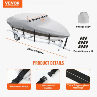 VEVOR Funda impermeable para barco, 488-564 cm de largo, 238 cm de ancho, cubierta protectora para barco con casco en V, 600D Oxford, anti-UV, con bolsa de amarre, para remolque de lanchas y yates