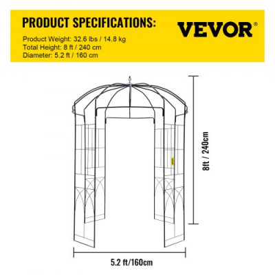 VEVOR Pérgola Gazebo con forma de jaula para pájaros, 8' x 5,2', para bodas, jardín al aire libre, negro