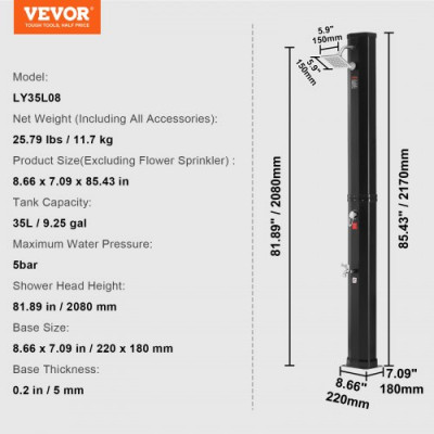 VEVOR Ducha solar Tanque de Agua de 35 L Ducha Solar para Exteriores con Cabezal de Ducha Grifo para Ducha de Pies Montaje Rápido Orificios Preperforados para Jardín al Aire Libre Piscina Spa Hotel