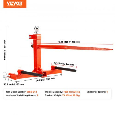 VEVOR Horquilla para Balas de Heno Capacidad de 725 kg Horquilla para Pacas 3 Dientes Horquillas de Púas de Fijación 444 mm Alta Durabilidad para Tractores, Minicargadoras, Agricultores, Campos