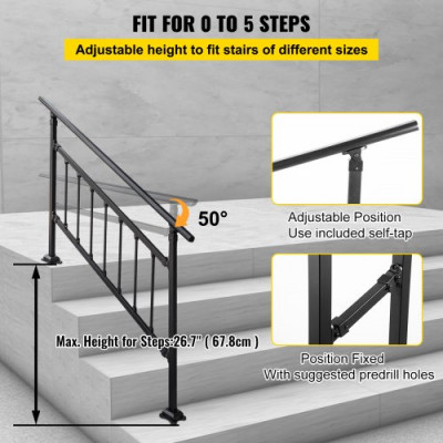 Barandilla Escalera de Hierro 172,5cm con Barras Pasamanos Escalera 1-4 Pasos Baranda Exterior Ángulo 0-50 grados Parapeto Negro Tubo Cuadrado