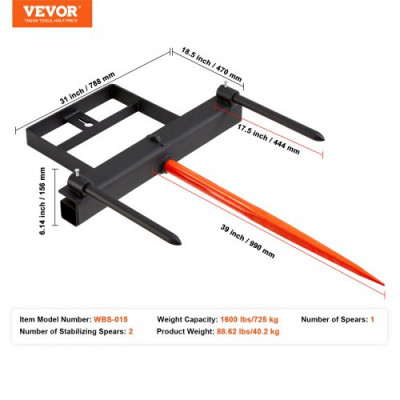 VEVOR Horquilla para Balas de Heno Capacidad de 725 kg Horquilla para Pacas Horquilla de 3 Dientes con Púas Accesorio de Cucharón con 2 Estabilizadores 444 mm para Tractores, Agricultores, Campos