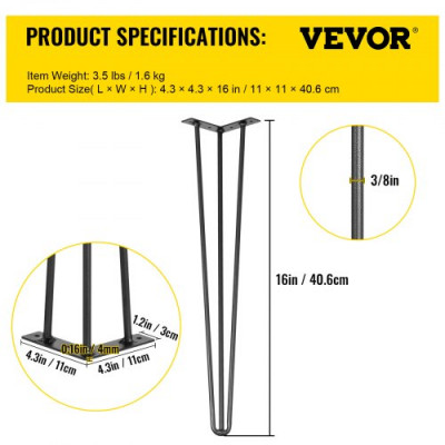 Patas para Mesas de Acero al Carbono, Conjunto de Patas de Mesa de Altura de Pata 40,6 cm, Patas para Muebles con 4 Pies de Goma, Patas Mesa con Capacidad de Carga 100 kg para Mesas Auxiliares