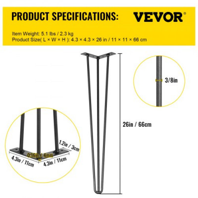 Patas para Mesas de Acero al Carbono, Conjunto de Patas de Mesa de Altura de Pata 66 cm, Patas para Muebles con 4 Pies de Goma, Patas de Mesa con Capacidad de Carga 100 kg para Mesas Auxiliares