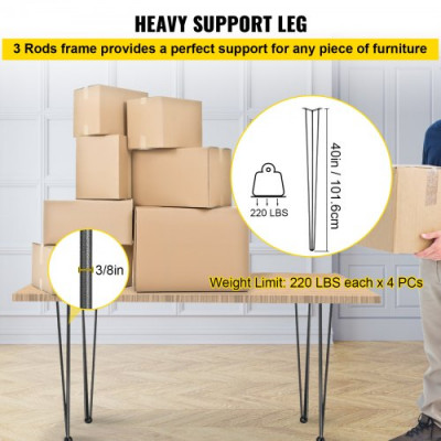 Patas para Mesas de Acero al Carbono, Conjunto de Patas de Mesa Altura de Pata 101,6 cm, Patas para Muebles con 4 Pies de Goma, Patas de Mesa con Capacidad de Carga 200 kg para Mesas Auxiliares