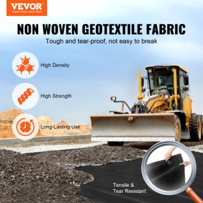 VEVOR Geotextil no Tejido 4,6x6,1 m Tela para Mantillo Antimalezas 136 g/m² Tela Permeable Resistente al Desgarro para Pasarelas para Sistemas de Drenaje, Paisajismo, Cobertura del Suelo, Color Negro