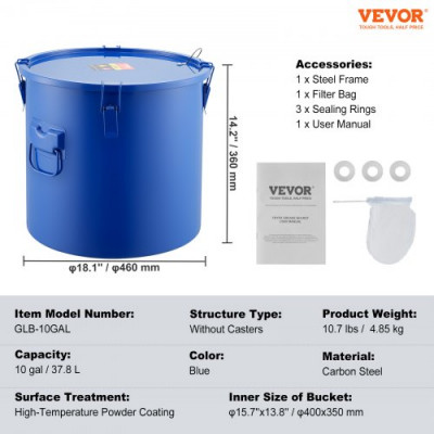 VEVOR Recolector de grasa y aceite usado, 37,8 L, tambor recolector de aceite de freidora de acero al carbono, recipiente de aceite con tapa, clips de bloqueo, bolsa de filtro para cocina, azul