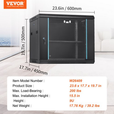 VEVOR Gabinete para servidores de red montaje en pared 9U, 15,5