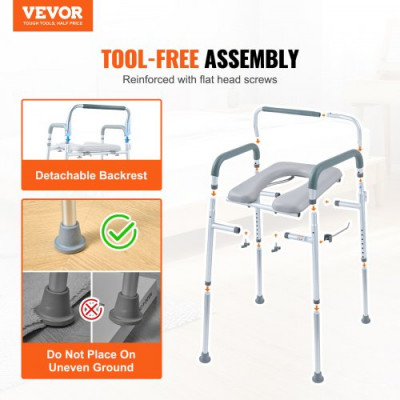 VEVOR Silla con orinal, cómoda con asiento acolchado y reposabrazos, altura ajustable en 7 niveles, cubo extraíble de 5,8 L, fácil de montar, capacidad de 158 kg, para adultos y personas mayores