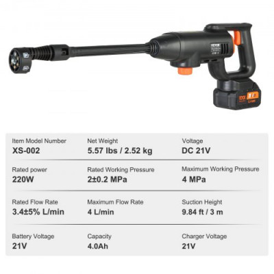 VEVOR Lavadora de alta presión con batería inalámbrica de 21 V, limpiador portátil de alta potencia, 580 PSI, 40 bar, lavadora eléctrica, 4 L/min, cargador de batería de 4,0 Ah, para limpieza de patio