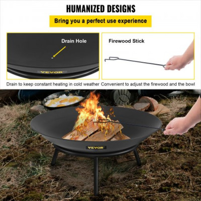 Pozo de Fuego Acero al Carbono Pintado de Negro Brasero Grande 3 kg 24 cm de Altura 0,8 mm de Grosor Cuenco para Fogatas al Aire Libre para Jardines, Patios, Parques, Patios Traseros, porches