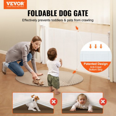 VEVOR Barrera de Seguridad Extensible hasta 153 cm Puerta Mágica para Perros Alto de 87 cm Puerta Retráctil para Bebés Abrir con Una Mano Vallas de Malla para Niños Perros Pasillo Escaleras, Blanco