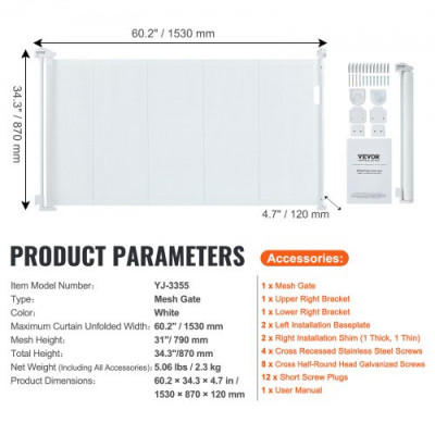 VEVOR Barrera de Seguridad Extensible hasta 153 cm Puerta Mágica para Perros Alto de 87 cm Puerta Retráctil para Bebés Abrir con Una Mano Vallas de Malla para Niños Perros Pasillo Escaleras, Blanco