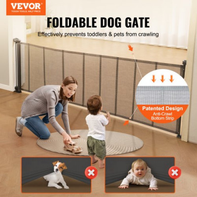 VEVOR Barrera de Seguridad Extensible hasta 295 cm Puerta Mágica para Perros Alto de 87 cm Puerta Retráctil para Bebés Abrir con Una Mano Vallas de Malla para Niños Perros Pasillo Escaleras, Gris