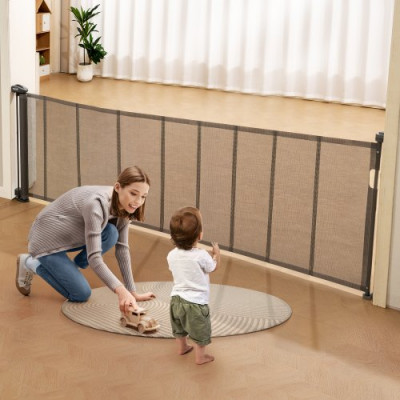 VEVOR Barrera de Seguridad Extensible hasta 295 cm Puerta Mágica para Perros Alto de 87 cm Puerta Retráctil para Bebés Abrir con Una Mano Vallas de Malla para Niños Perros Pasillo Escaleras, Gris