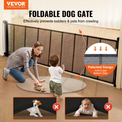 VEVOR Barrera de Seguridad Extensible hasta 295 cm Puerta Mágica para Perros Alto de 87 cm Puerta Retráctil para Bebés Abrir con Una Mano Vallas de Malla para Niños Perros Pasillo Escaleras, Negro