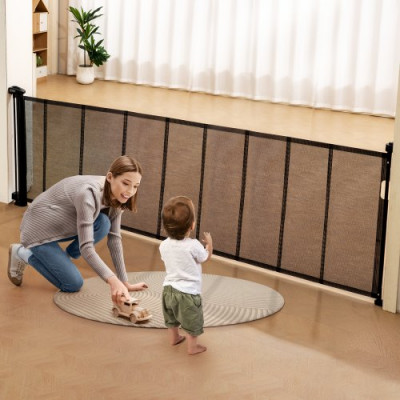 VEVOR Barrera de Seguridad Extensible hasta 295 cm Puerta Mágica para Perros Alto de 87 cm Puerta Retráctil para Bebés Abrir con Una Mano Vallas de Malla para Niños Perros Pasillo Escaleras, Negro