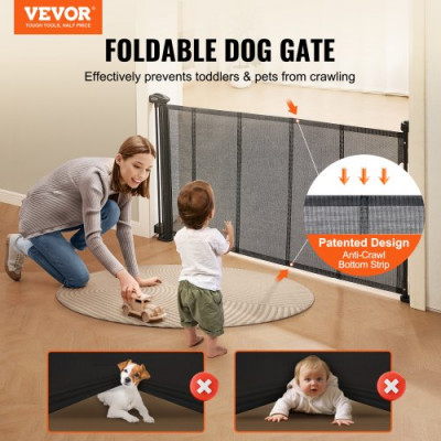 VEVOR Barrera de Seguridad Extensible hasta 153 cm Puerta Mágica para Perros Alto de 87 cm Puerta Retráctil para Bebés Abrir con Una Mano Vallas de Malla para Niños Perros Pasillo Escaleras, Negro