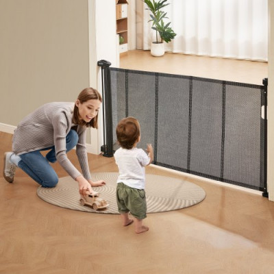 VEVOR Barrera de Seguridad Extensible hasta 153 cm Puerta Mágica para Perros Alto de 87 cm Puerta Retráctil para Bebés Abrir con Una Mano Vallas de Malla para Niños Perros Pasillo Escaleras, Negro