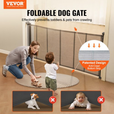 VEVOR Barrera de Seguridad Extensible hasta 195 cm Puerta Mágica para Perros Alto de 87 cm Puerta Retráctil para Bebés Abrir con Una Mano Vallas de Malla para Niños Perros Pasillo Escaleras, Gris