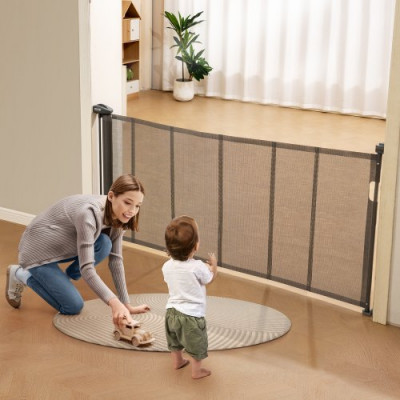 VEVOR Barrera de Seguridad Extensible hasta 195 cm Puerta Mágica para Perros Alto de 87 cm Puerta Retráctil para Bebés Abrir con Una Mano Vallas de Malla para Niños Perros Pasillo Escaleras, Gris