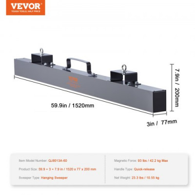 VEVOR Barredora Magnética Suspendida para Carretilla Elevadora Fuerza 42,2 kg Barredora Magnética 1520 x 77 x 200 mm Barredora Magnética Antioxidante para Objetos Metálicos Chatarra Taller Garaje