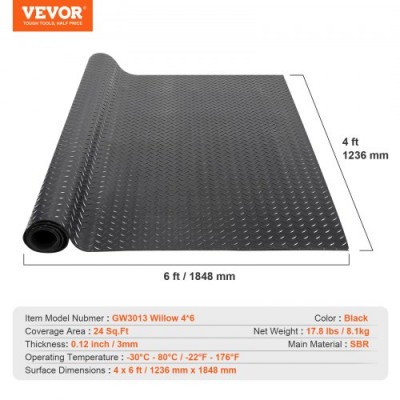 VEVOR Alfombrilla para Suelo de Garaje 1236x1848 mm Rollo SBR Suelo de Goma Patrón 3D Grosor 3 mm Impermeable Fácil de Limpiar para Proteger el Suelo Debajo del Coche, Garaje, Gimnasio, Negro