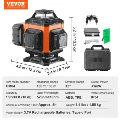 VEVOR Nivel Láser 30 m Nivel Láser 360° x 4 16 Líneas Cruzadas Verdes Modo Autonivelante Manual Longitud de Onda Láser 520 nm ± 10 nm Precisión de 0,28 cm a 10 m Trabajo Continuo 5 h con Batería