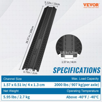 VEVOR Rampa de Protección de Cables 2 Piezas 100 x 13 x 2 cm Capacidad de Carga de 907 kg Pasacables de Suelo Robusta Canal de 4 x 1,3 cm para Hogar, Interior, Exterior, Oficina, Almacén, Escuela