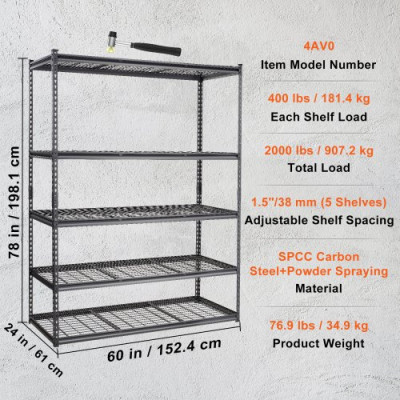 VEVOR Estante de almacenamiento, 5 niveles ajustables, capacidad de 2000 libras, estantes de garaje resistentes, 60 x 24 x 78 pulgadas para cocina, despensa, sótano, baño, armario de lino