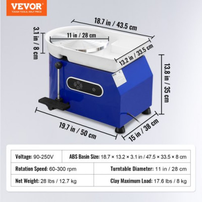 Máquina de Rueda de Cerámica Torno Ceramica Eléctrica Diámetro de 28 cm Torno de Alfarero Eléctrico 450 W Máquina de Arcilla de Cerámica 300 rpm