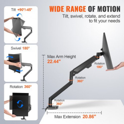 VEVOR Soporte para Monitor de 13 a 35 pulgadas Brazo para Monitor de PC Altura Ajustable Inclinación Rotación y Giro Carga Máxima de 12 kg 2 Opciones de Montaje VESA 75x75 mm Escritorio de 100x100 mm