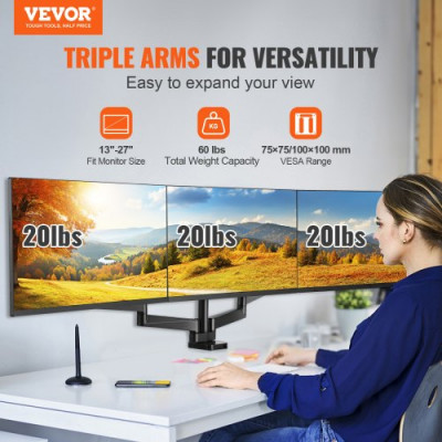 VEVOR Soporte para Monitor de Triple Brazo de 13 a 27 pulgadas Brazo para Monitor de PC Altura Ajustable Inclinación Giratorio Carga de 9,1 kg por Brazo 2 Opciones de Montaje VESA 75x75 mm 100x100 mm