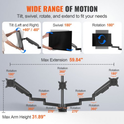 VEVOR Soporte para Monitor de Triple Brazo de 13 a 27 pulgadas Brazo para Monitor de PC Altura Ajustable Inclinación Giratorio Carga de 9,1 kg por Brazo 2 Opciones de Montaje VESA 75x75 mm 100x100 mm