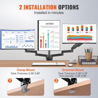 VEVOR Soporte para Monitor de Triple Brazo de 13 a 27 pulgadas Brazo para Monitor de PC Altura Ajustable Inclinación Giratorio Carga de 9,1 kg por Brazo 2 Opciones de Montaje VESA 75x75 mm 100x100 mm